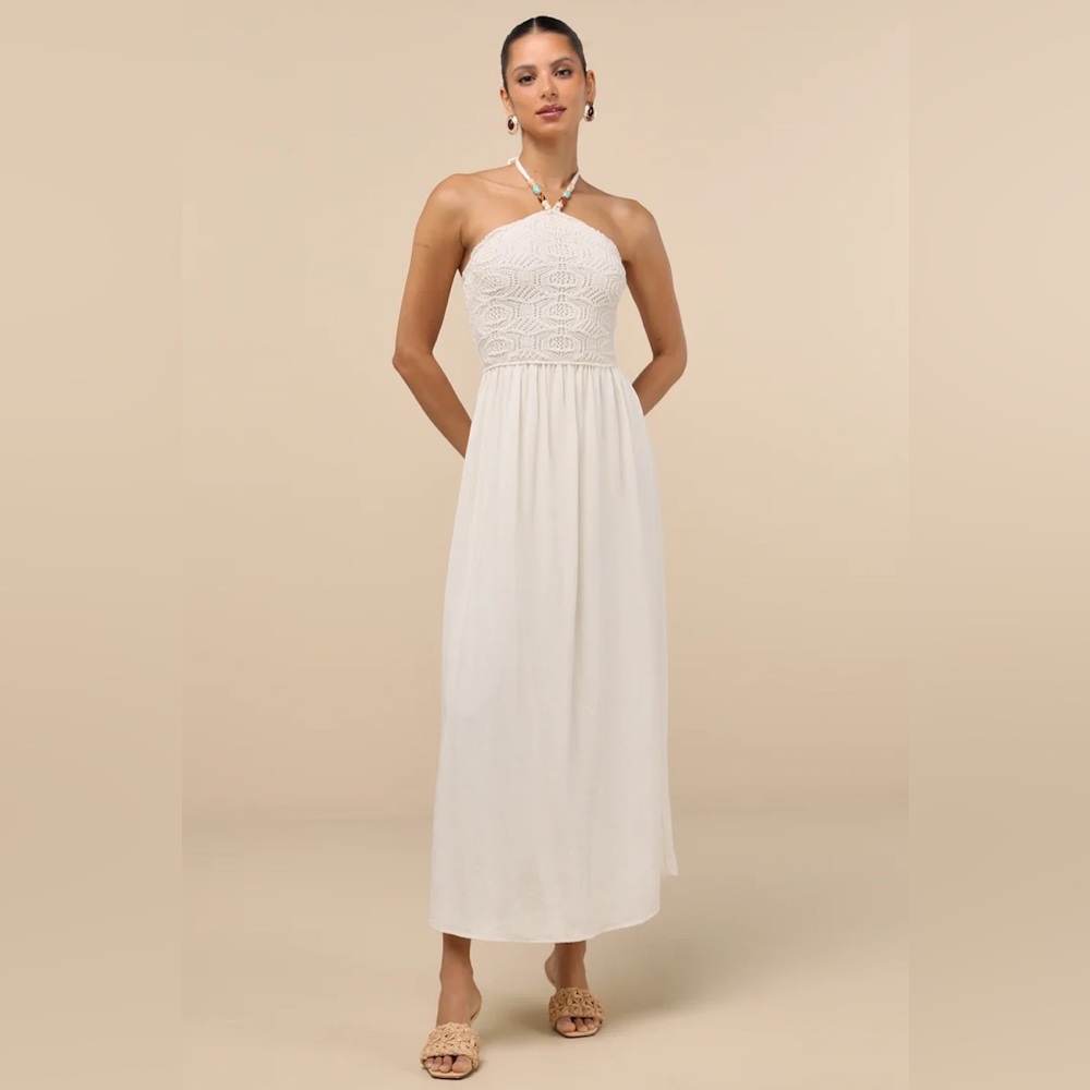 Lulus Cosma Ivory Beaded Crochet Knit Halter Midi Dress White - Size S